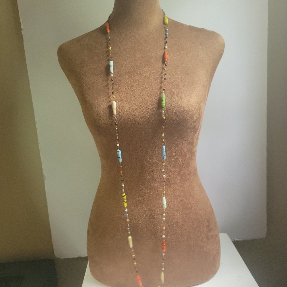 Vintage Multi Color Murano Style Lampwork Glass Bead Long Necklace 48"